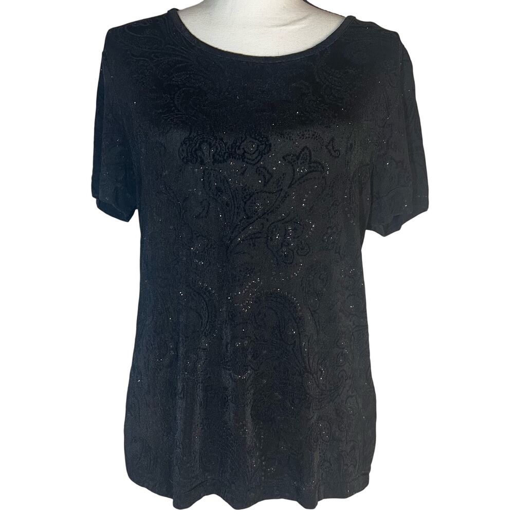 5/$25 Vintage Elegant Jaclyn Smith Sparkly Blouse Short Sleeve Black Size Med